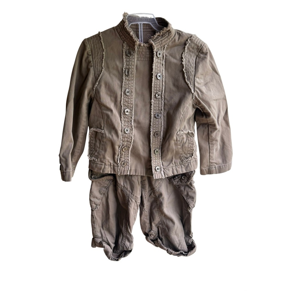 Vintage Little Girls XS Twill Military Style Jacket Cargo Pant Set Y2K Khaki